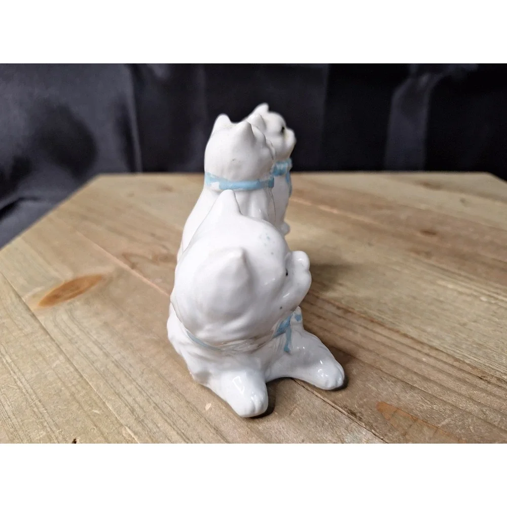 Vintage White Ceramic Cat Family Salt and Pepper Shaker Set Blue Bows 3 Piece